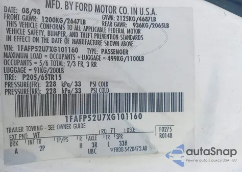 1999 Ford Taurus Lx from USA, damaged, VIN 1FAFP52U7XG101160